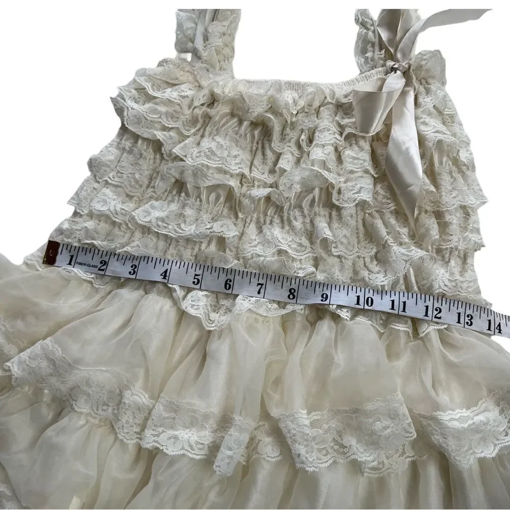 Girls Vintage 1990s Cream Tiered Lace Cottagecore Dress